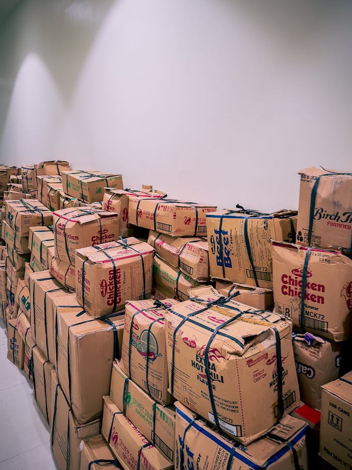 pexels photo 29653988 Large stack of cardboard boxes in a warehouse setting in Central Visayas, Philippines.